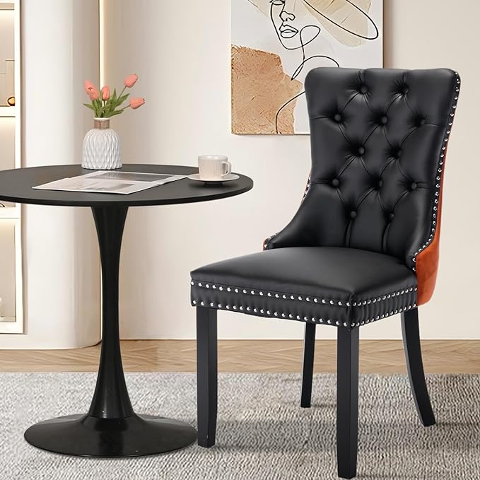 SoarFlash Kitchen Table and Chairs for 2, 31.5" Dining Table Set for 2 with Leather Upholstered Chairs, 3 Piece Round Kitchen Table Set, Dining Room Table Set for Small Space, Apartment, Black/Orange