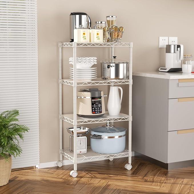 SINGAYE 4 Small Shelves Storage Shelf Wire Shelving Unit Metal Shelf Adjustable Organizers Storage Shelving with Wheels for Bathroom Laundry Room Kitchen Pantry