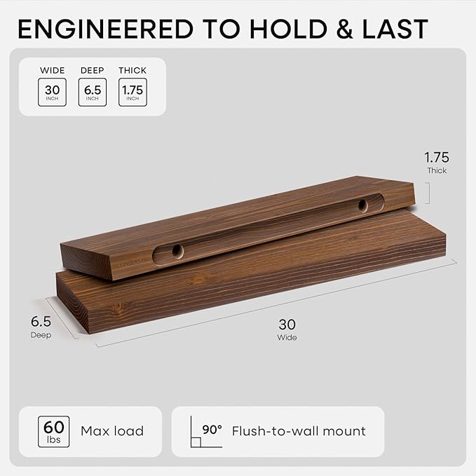Homeforia Classic Walnut 30 inch Floating Shelf, High End Solid Real Wood Small 30inch Floating Shelves for Wall Mounted, 30in Floating Shelves, Heavy Duty Bracket, 30 X 6.5 X 1.75 inches, Set of 2