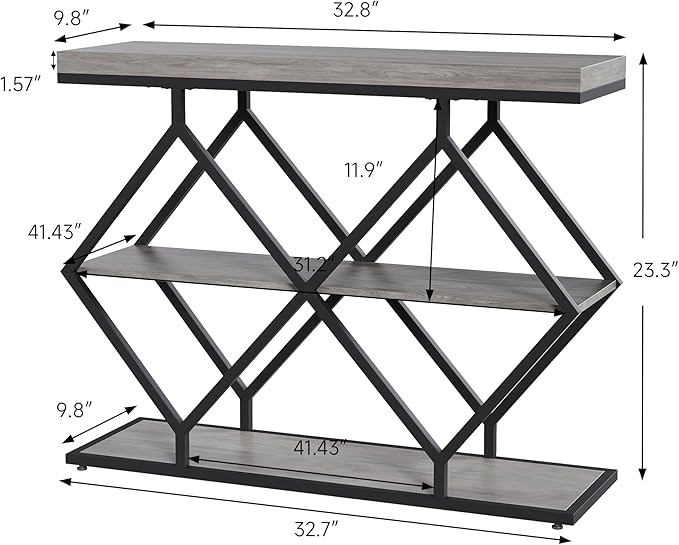 Garvee 3-Tier Entryway Table, Industrial Console Sofa Table with Storage, Accent Table with Open Shelves, Diamond-Shaped Metal Frame, Foyer Table for Entryway, Hallway, Gray