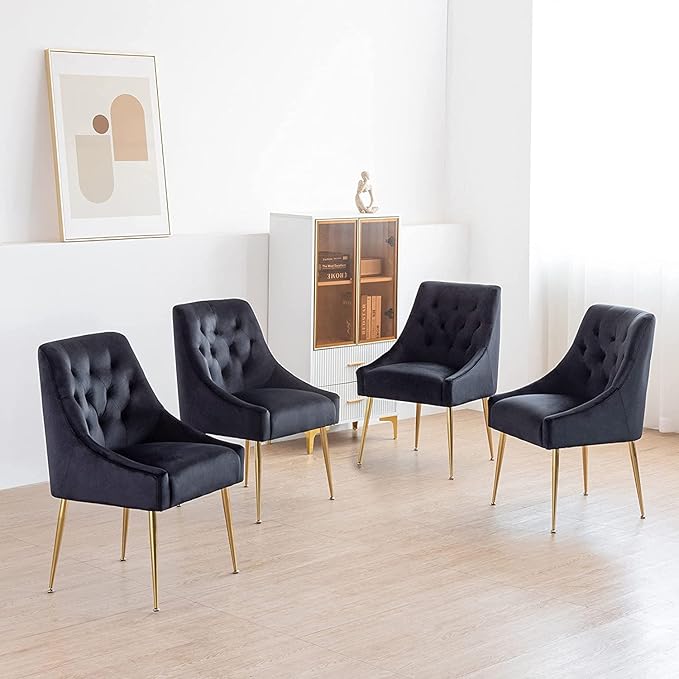 Modern Dining Chair Set of 4, Mid-Century Room Chair, Upholstered Comfortable Velvet with Back Pull Rod and Metal Legs for Kitchen, Dining, Living (Black), (DYXSD)