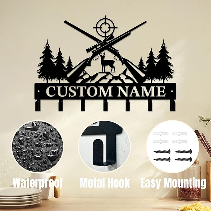 Personalized Custom Name Hunting Deer Wall Key Hooks,Metal Hunting Art Clothes Hooks,Metal Hunting Wall Home Storage Decorative,Hunter For Front Door, Hallway, Kitchen, Bedroom,Keys,Hats (Style K)