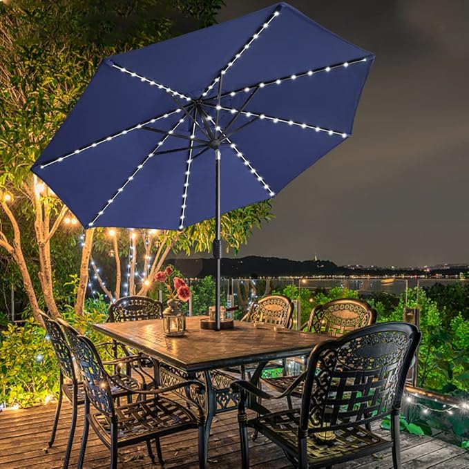 EliteShade USA 10-Year-Non-Fading Solar 9ft Market Umbrella with 80 LED Lights Patio Umbrellas Outdoor Table Umbrella with Ventilation, Navy Blue