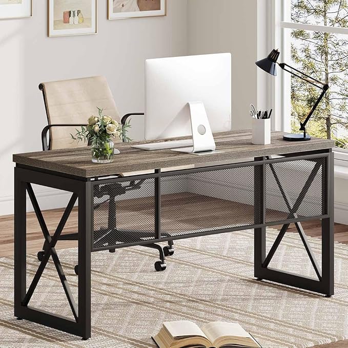 BON AUGURE Industrial Computer Desk, Rustic Wood Desks for Home Office, Sturdy Metal Writing Work Table (60 Inch, Dark Grey Oak)