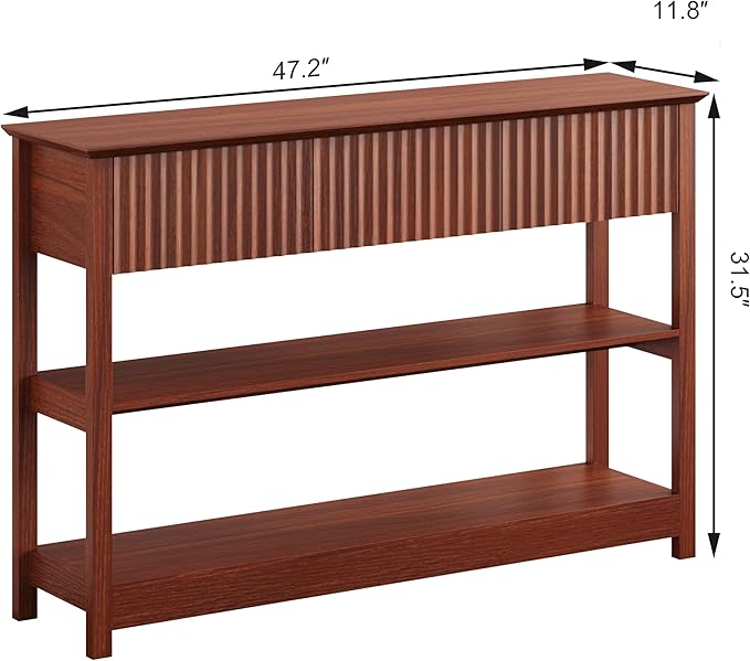 Treocho 47" Console Tables for Entryway, Fluted Entryway Table with Drawers and Shelves, Narrow Sofa Table Behind Couch Table for Entrance, Hallway, Living Room, Cherry Brown