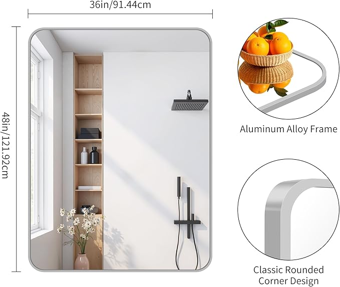 FORBATH 40x48 Inch Silver Bathroom Mirror for Over Sink, Large Rectangular Wall Mirror with Metal Frame, Rounded Corners for Bathroom, Bedroom, Entryway Decor (Horizontal or Vertical)
