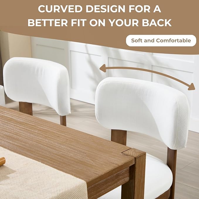 Beige Dining Chairs Set of 4 Mid Century Modern Upholstered Dining Room Chairs with Curved Backrest and Wooden Legs for Kitchen Island, Dining Room
