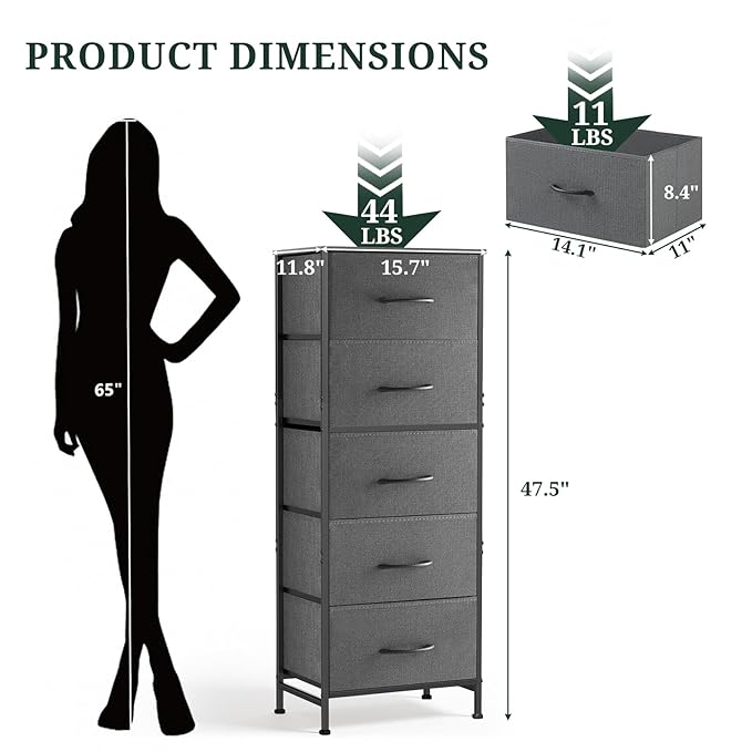 Nightstand, 5 Drawer Dresser End Table Bedside Furniture with Wooden Top Steel Frame Fabric Bins for Bedroom, Closet, Entryway, Dorm, Living Room, Gray