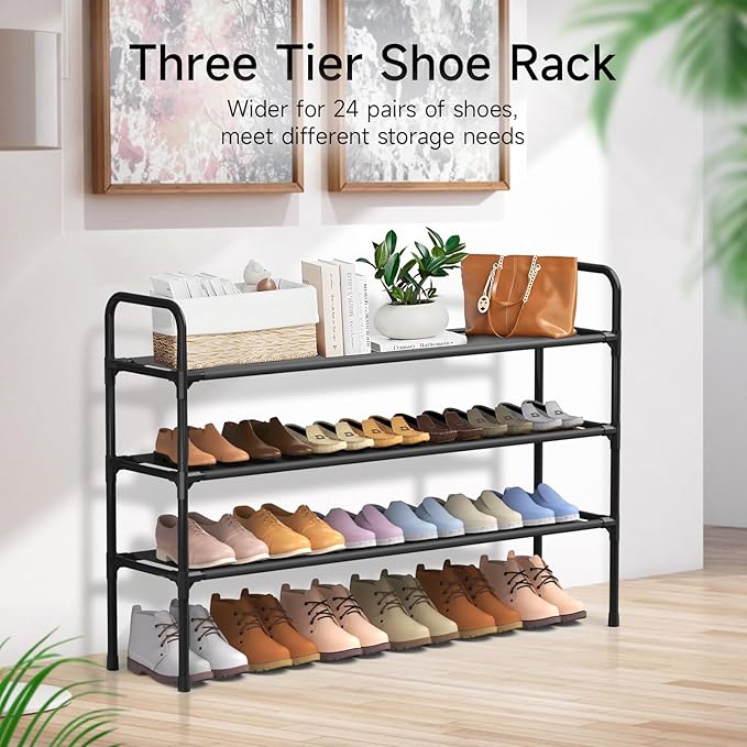 3 Tier Shoe Rack, Shoe Organizer for 18 Pairs of Shoes, Black Non-Woven Fabric Shoe Storage Shelf for Closet, Entryway, Garage, Corridor, Long Shoe Shelves