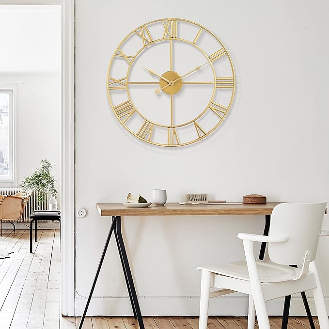 1st owned Large Wall Clock, Metal Retro Roman Numeral Clock, Modern Round Wall Clocks Almost Silent, Easy to Read for Living Room/Home/Kitchen/Bedroom/Office/School Decor (Gold, 18.5 Inch)