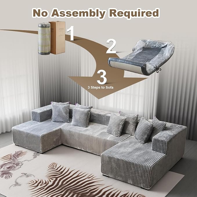 106'' Boneless Couches for Living Room, L Shaped Modular Sectional Sofa with Chaise Lounge, Faux Rabbit Fur & Layered Cushion Deep Seat Cloud Couch, No Assembly (Grey, 130 U Shaped)
