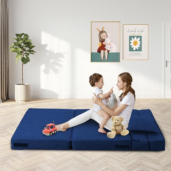 Folding Sofa Bed Couch Memory Foam with Pillow Sleeper Chair Lazy Couch Twin Size Futon Convertible Guest Beds,Washable Cover,Dark Blue