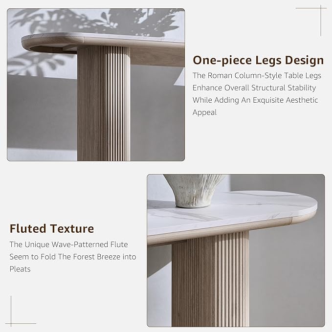 OKD 63" Modern Console Table with Arc Marble Texture Top, Fluted Wood Base, Contemporary Entryway Sofa Table for Living Room, Hallway, Foyer, White Alder