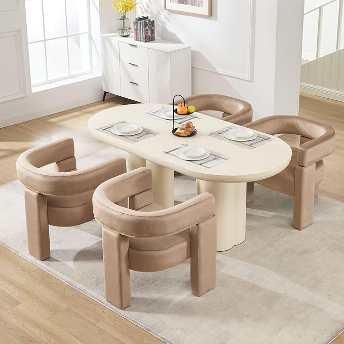 Khaki Dining Chairs Set of 4, Upholstered Velvet Barrel Chairs with Arms Comfy Side Chairs for Living Room/Dining Room/Reception