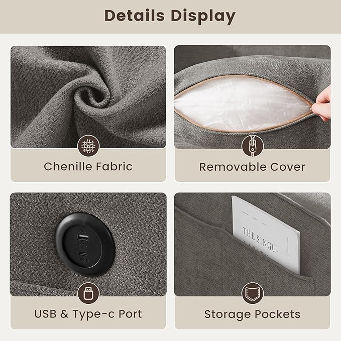 PARKOL 99" L-Shaped Sectional Couch with Storage, Sofa with Reversible Chaise, USB Type-C Charging, Chenille Fabric, Removable Cushion Covers, for Small Space, Apartment, Living Room, Light Gray