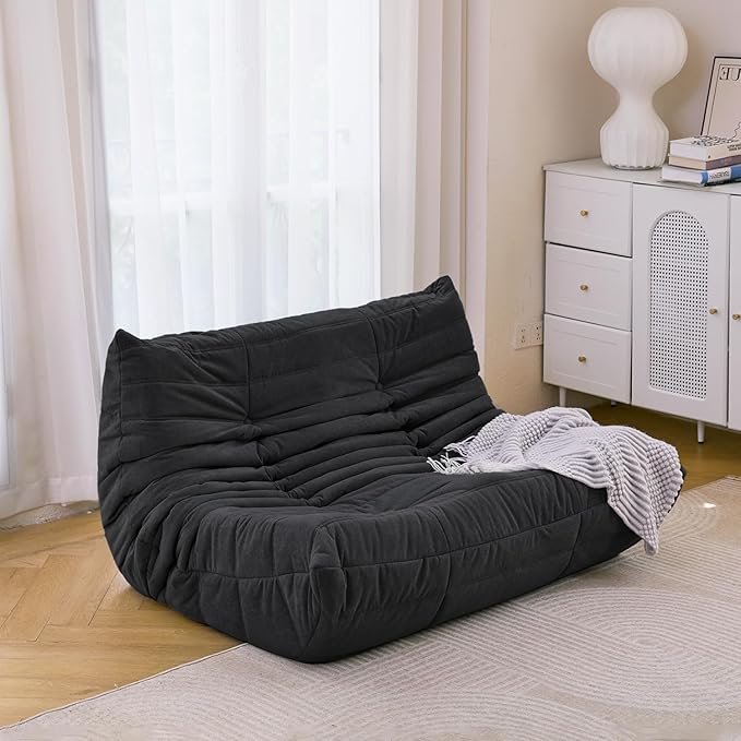 N&V Fireside Mid Century Armless Floor Sofa, Soft Premium Microfiber Lounge Chair, Foam Accent for Living Room Bedroom and Office (Black, Loveseat)