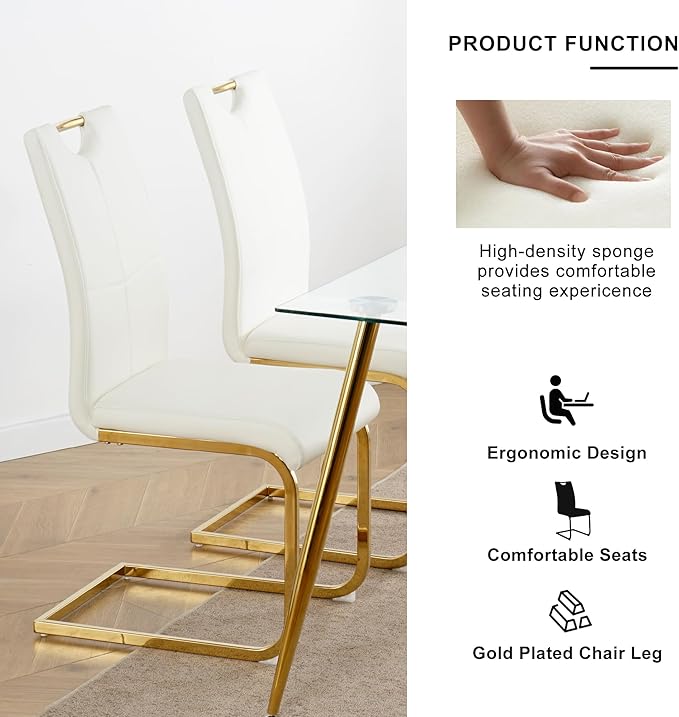 Goujxcy Gold Dining Table Set for 6, Glass Kitchen Table with Chair Set, Modern 51" Rectangle Glass Dining Table and 6 White PU Leather Chairs with Metal Frame for Kitchen Dining Room