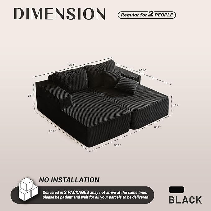 Chaise Lounge Chair, Boneless Couch for Living Room and Bedroom, Sleeper Couches Reading Chairs, Corduroy, Black