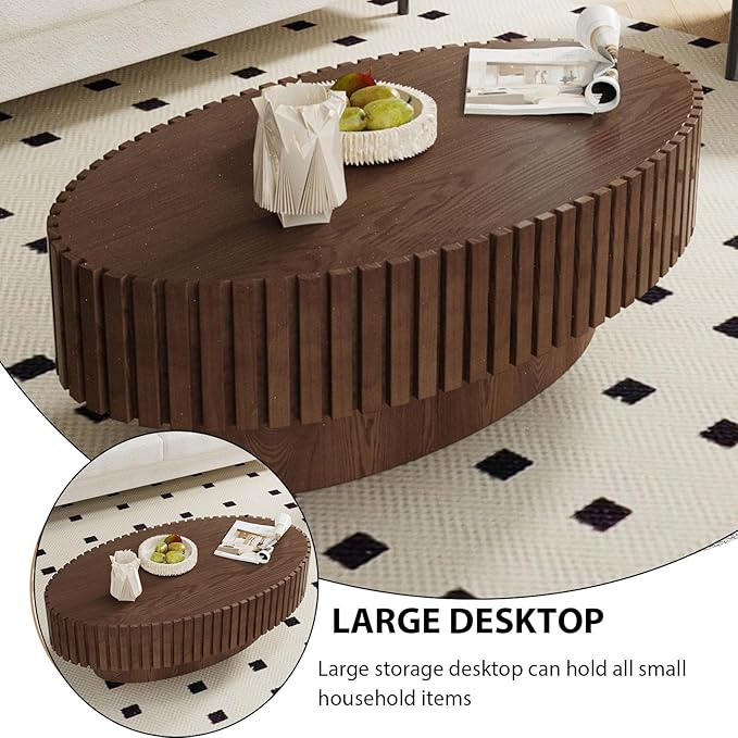 Oval Coffee Table, Handcrafted Fluted Drum Coffee Tables Modern Wood Coffee Table Drum Center Table for Living Room, Apartment (Oval Brown)