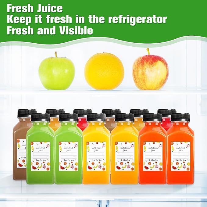 12pcs 8oz Plastic Juice Bottles, Reusable Juice Containers with Black Tamper Proof Lids, Brush, Funnel and Labels, Clear Water Bottles for Juicing, Smoothie and Homemade Beverages