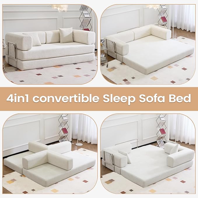 Folding Sofa Bed Convertable Corduroy Couch King Size Floor Sleeper 4-in-1 DIY Combination Modular Sofa Fold Out Futon Lounge Comfy Foldable Lazy cama for Living Room (Beige, 80.15'')