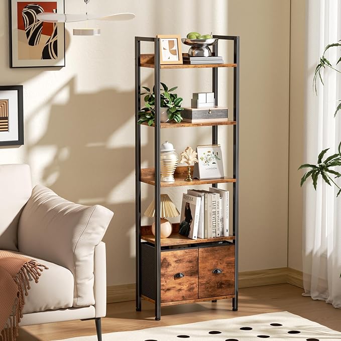 Furologee 5-Tier Bookshelf, Tall Bookcase with 2 Storage Drawers, Adjustable Industrial Display Standing Shelf Units, Wood and Metal Storage Rack for Living Room, Bedroom, Home Office Rustic Brown
