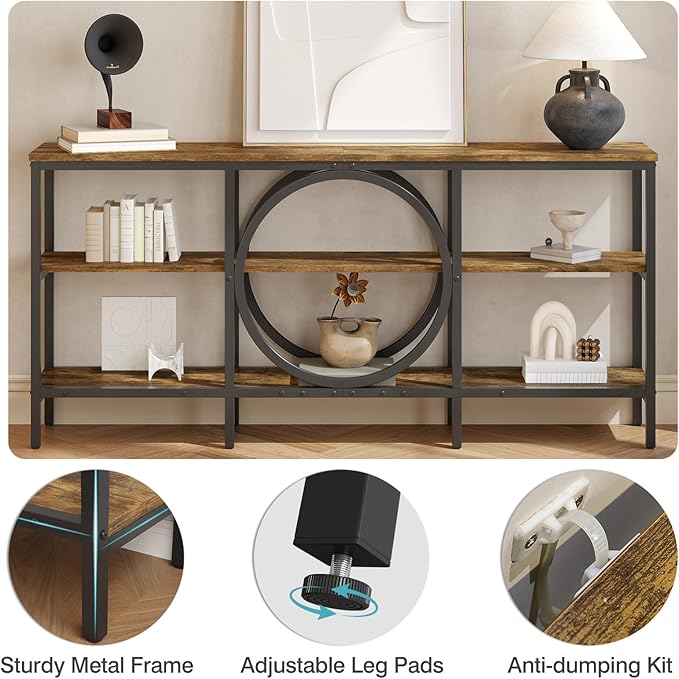 66.9 inch Console Table, 3 Tier Sofa Tables Narrow Long Wood Farmhouse Console Table with Storage Industrial Foyer Tables for Entryway, Hallway, Living Room (Vintage Brown+Black)