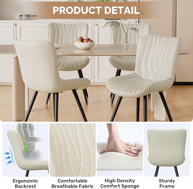 Dining Chair Set of 4 PU Leather Dining Room Chairs Upholstered Comfy Dining Chairs Modern Kitchen Armless Side Chair with Sturdy Metal Legs,Beige