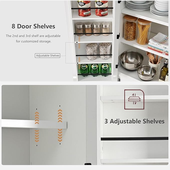 Merax 72" Tall Farmhouse Kitchen Pantry Cabinet with 8 Door Shelves, Curved Design Storage Cabinet with 3 Adjustable Shelves, Hidden Drawer, Versatile Cupboard for Kitchen, Dining & Bathroom, White