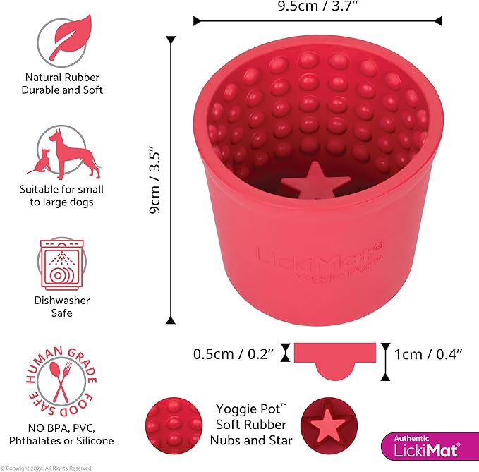LICKIMAT Yoggie Pot – Distraction, Fun and Enrichment. Long Lasting Rubber Licking Treat Dispenser for All Dog Sizes and Slow Feeder for Small Dogs - Pink