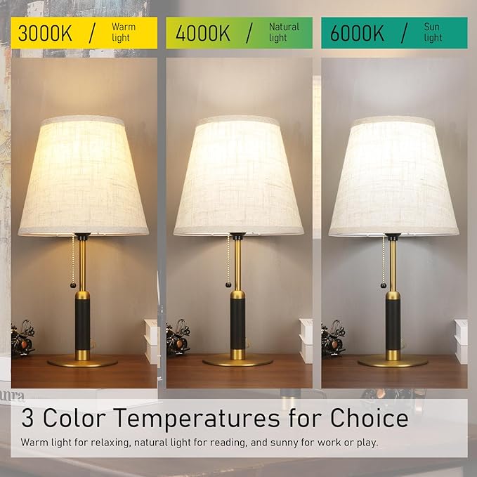 18.9" Modern Table Lamp Bedside Lamps for Nightstand Lamp for Bedroom Living Room End Tables 3-Color Night Light Pull Chain Switch Wood Fabric for Home Office Dorm Decor (Light Brown+Brass)