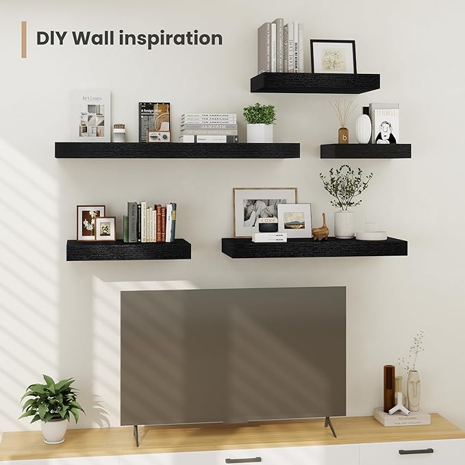 Heimlove 12 Inch Deep Floating Shelves, 16 x 12 inches Long Wall Shelf, Large Extra Display Shelf & Storage Shelf, Rustic Wood Wall Shelves for Fireplace Mantel, Black - 2Pack