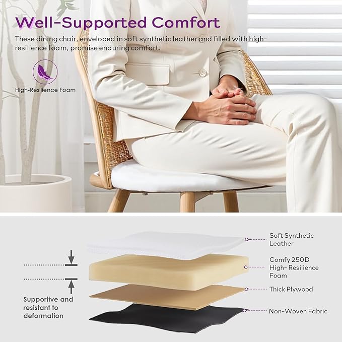 TYBOATLE Rattan Dinner Chairs Set of 2 with Faux Leather Cushion, Modern Dining Room Chairs w/Adjustable Foot Pads, Kitchen Boho Mid Century Upholstered, White