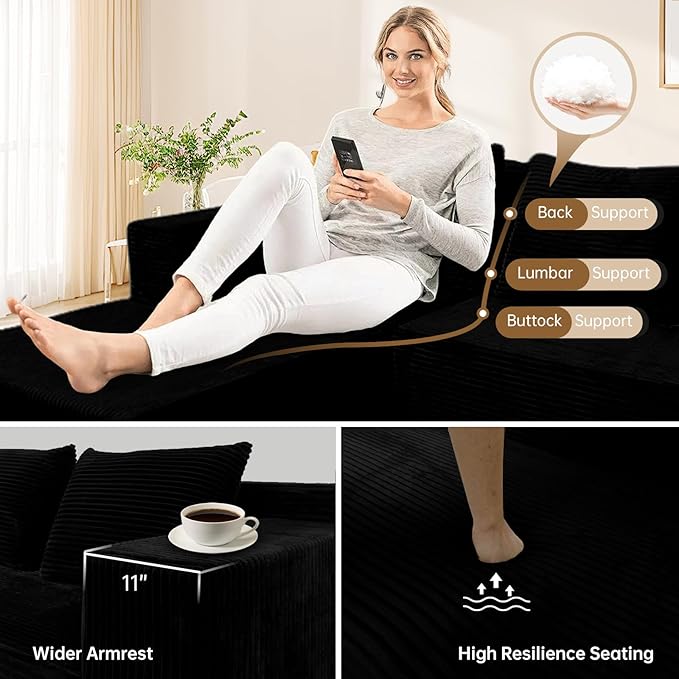 ANONER 103" L-Shaped Cloud Couch with Chaise, Modular Sectional Corner Sofa with Deep Seat, Modern Minimalist Boneless Couch, Free Combination Couches for Apartment (Black)