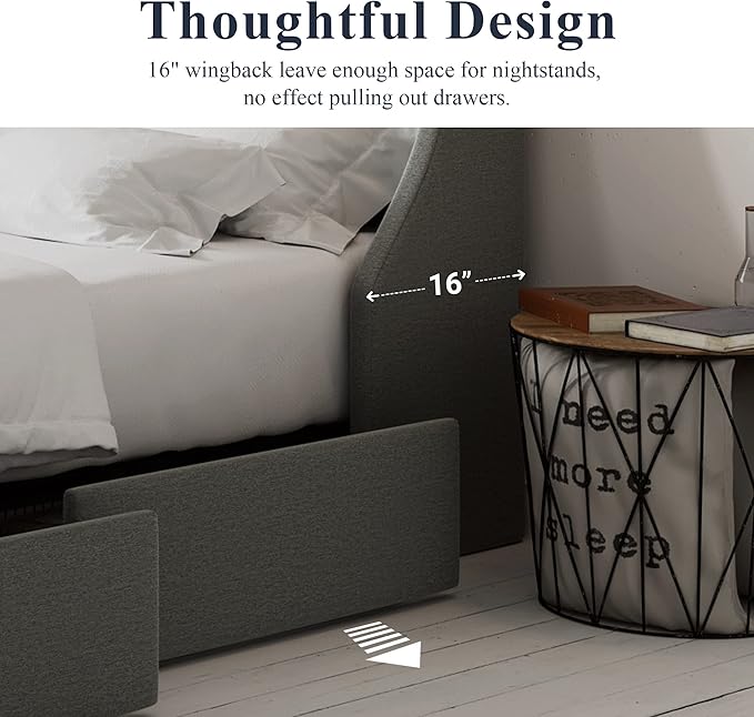 Allewie King Size Bed Frame with 4 Storage Drawers and Wingback Headboard, Button Tufted Design, No Box Spring Needed, Light Grey