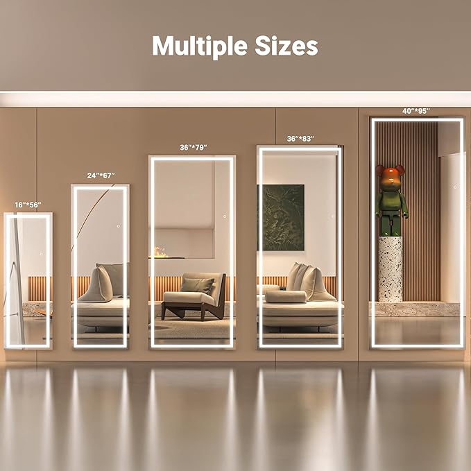 Full Length Mirror with Lights, 71" x 24" LED Lighted Floor Standing Mirror, Tempered Glass, Square White