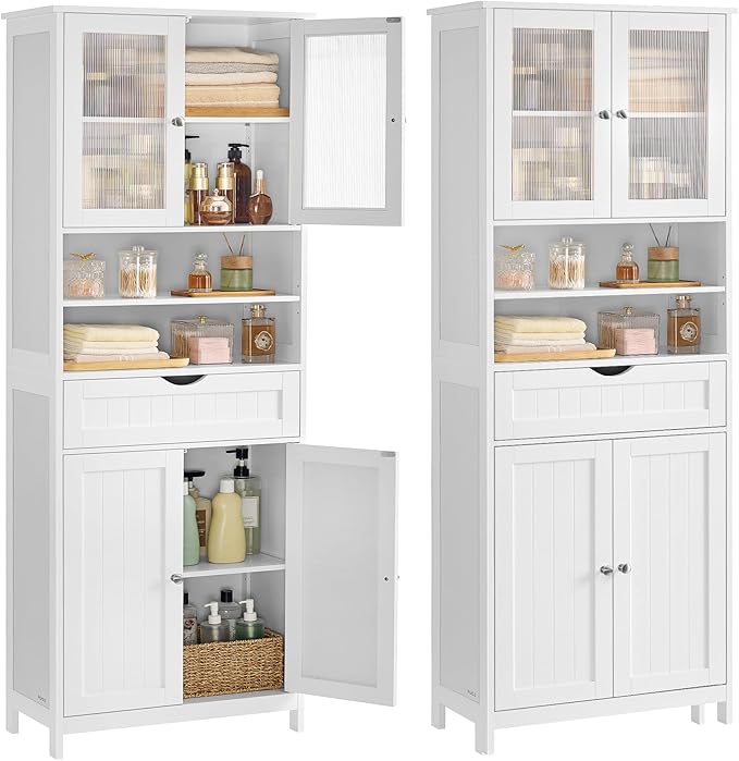 VASAGLE Storage Cabinet, Freestanding Storage Unit with Adjustable Shelves, Drawer, Open Compartments, for Bathroom, Living Room, Kitchen, Cloud White UBBC768WH01S
