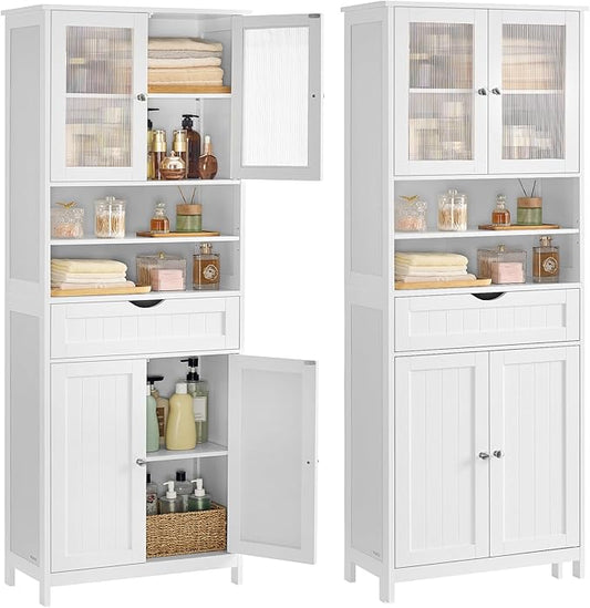 VASAGLE Storage Cabinet, Freestanding Storage Unit with Adjustable Shelves, Drawer, Open Compartments, for Bathroom, Living Room, Kitchen, Cloud White UBBC768WH01S