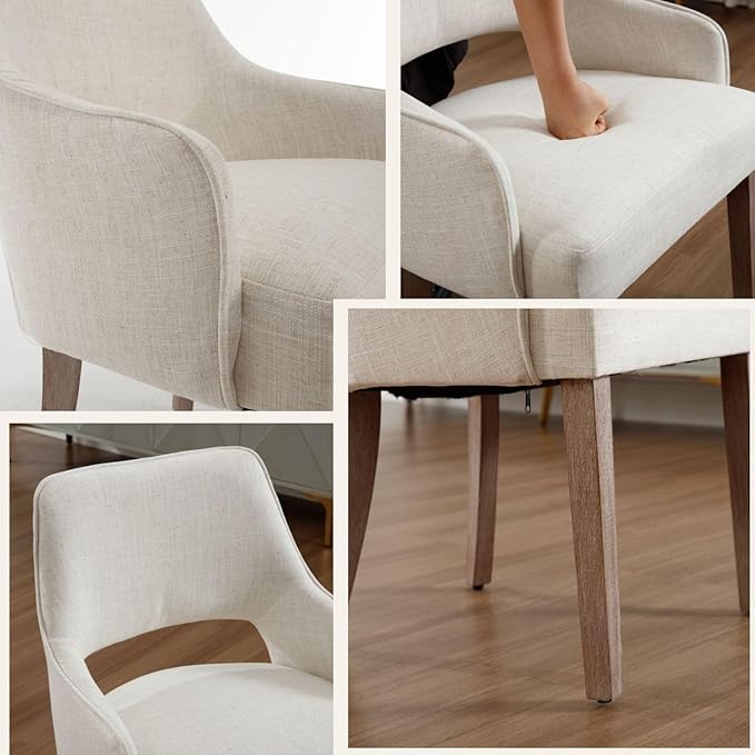 Linen Dining Chairs Set of 6, Upholstered Farmhouse Kitchen Chair Accent Chairs Side Chair with Wood Legs for Living Room/Dining Room/Bedroom/Restaurant, Upgraded Size, Cream