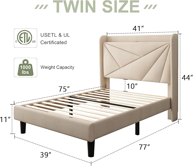 Feonase Twin Size Bed Frame with Charging Station, Upholstered Linen Bedframe with Wingback Headboard, Solid Wood Slats Support, No Box Spring Needed, Noise Free, Beige