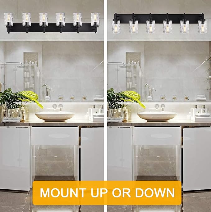 BONLICHT Transitional Bath Vanity Light Fixture 6 Light Black Wall Sconce Bathroom Lighting with Clear Hammered Glass, Industrial Farmhouse Metal Wall Mount Light for Kitchen Living Room Dining Room