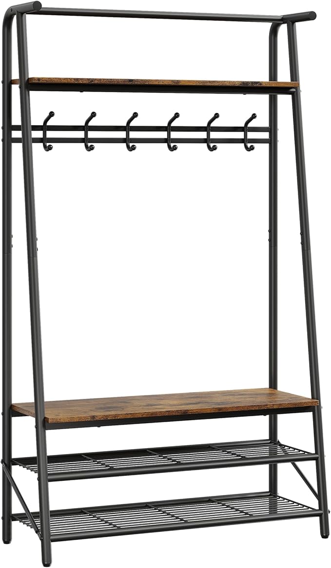 MDF Hall Tree with Bench, 4-in-1 Entryway Coat Rack with Storage Shelf & Shoe Organizer, Sturdy Freestanding Furniture for Living Room, Bedroom, Mudroom