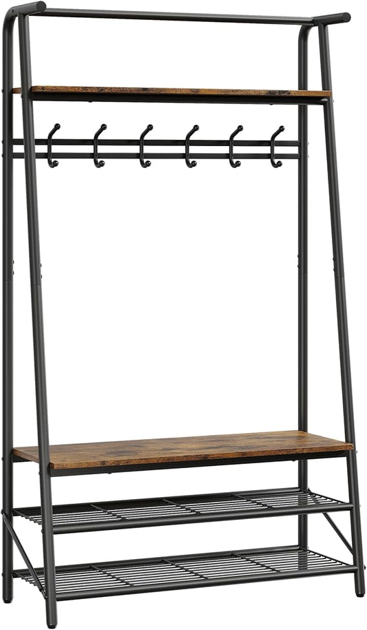 MDF Hall Tree with Bench, 4-in-1 Entryway Coat Rack with Storage Shelf & Shoe Organizer, Sturdy Freestanding Furniture for Living Room, Bedroom, Mudroom