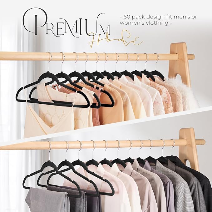 HOUSE DAY Black Velvet Hangers 240 Pack, Premium Non-Slip Felt Clothes Hangers, Sturdy Black Hanger Heavy Duty Durable for Coat, Suit, Space Saving No Hanger Mark Rotating Hook