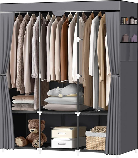 LOKEME Portable Closet, Wardrobe Closet with 3 Hanging Rods and 6 Storage Shelves and 4 Side Pockets, Gray Portable Closets for Hanging Clothes Easy to Assemble and Strong and Stable