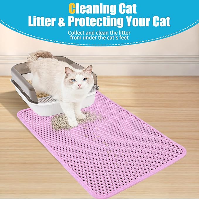 Cat Litter Mat, Kitty Litter Collector, Double Layered Honeycomb Design Waterproof, Anti Urine, Anti Slip, Easy to Clean, Limit Garbage (26"x46.5", Pink)