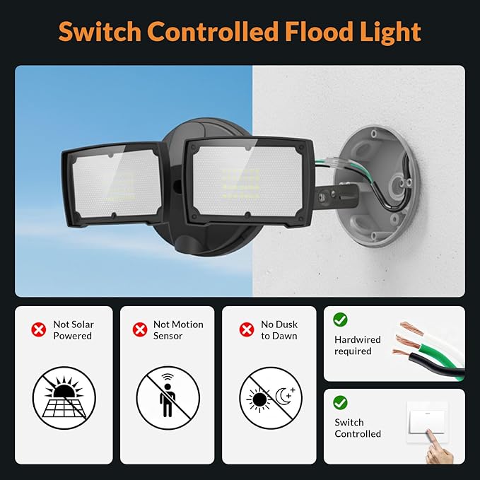 LEPOWER 3000LM Flood Light Outdoor, Switch Controlled LED Security Light, 28W Exterior Lights with 2 Adjustable Heads, IP65 Waterproof, 5500K Wall Mount Exterior LED Flood Light for Garage, Yard Black