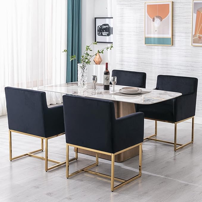 Set of 4 Upholstered Velvet Dining Chairs with Armrest, Mid Century Modern Accent Armchairs, Modern Kitchen & Dining Room Chairs with Gold Frame, Black