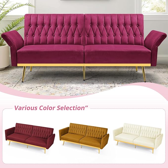 70” Velvet Futon Sofa Bed with 2 Pillows and Adjustable Armrests, Convertible Sleeper Bed W/Adjustable Backrests, Modern Loveseat for Living Room, Bedroom, Fuchsia