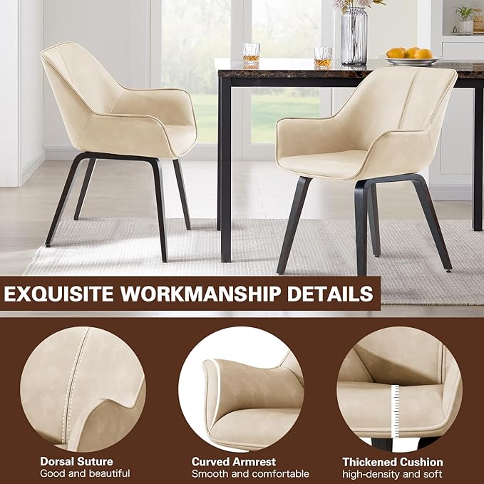Upholstered Dining Chairs Set of 2, 4 & 6 - Faux Leather Accent, Living & Kitchen Dining Chairs - Comfortable Reading/Arm Chairs - Mid Century Modern Style (Beige, 2)